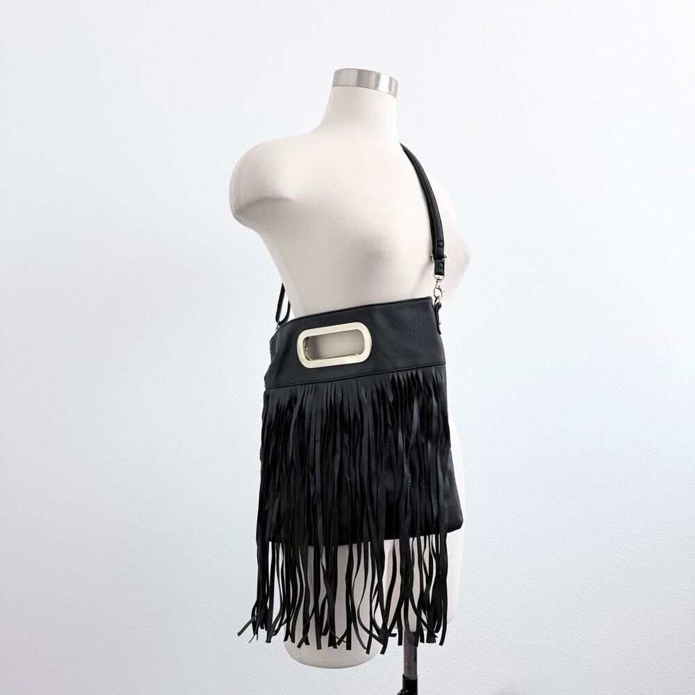 Black Faux Leather Fringe Buckle Purse Bag Crossbody Gold